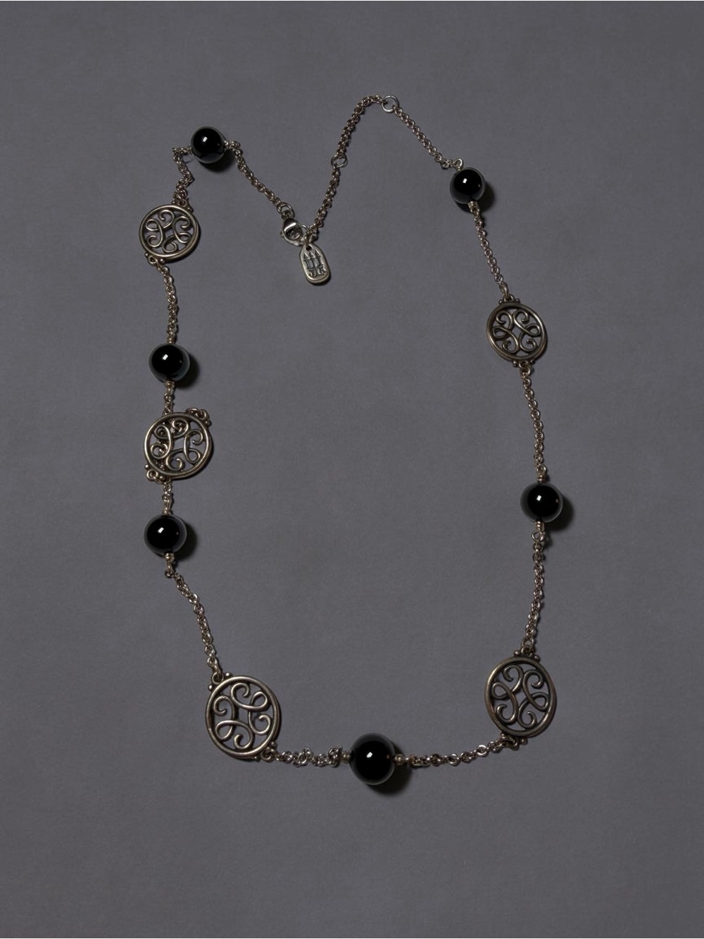 Sterling Silver and Black Onyx Long Station Necklace - Picture 2 of 5